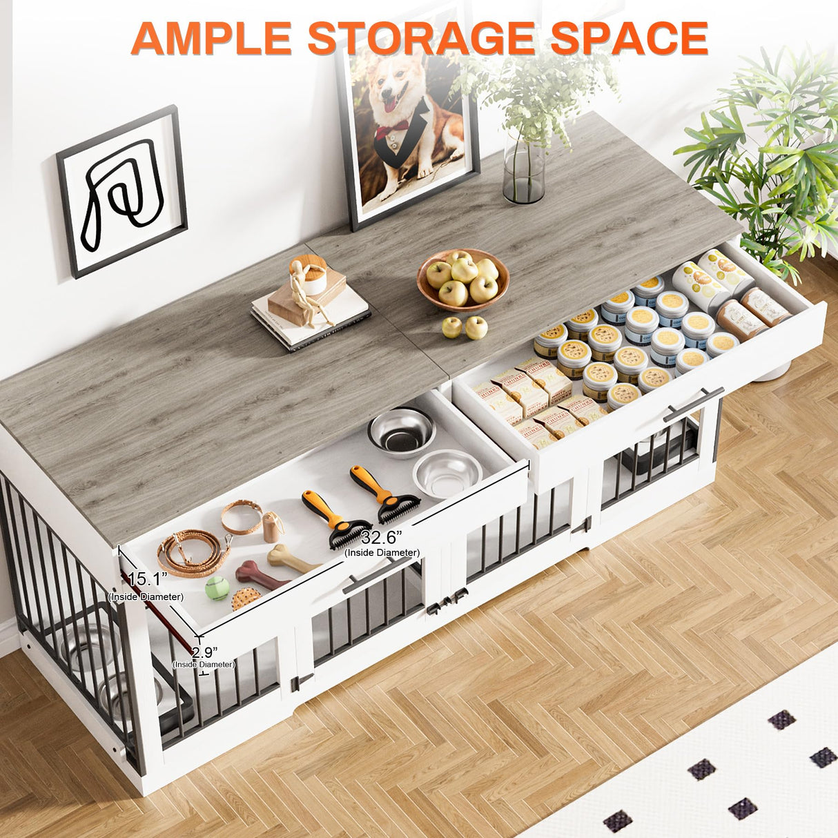 Rophefx 72" Dog Crate Furniture for 2 Dogs, Large Dog Kennel Furniture with 2 Storage Drawers and Removable Divider, Indoor Wooden Dog Cage with 4 Bowls, Dog House TV Stand for Large Dog, White Grey Rophefx