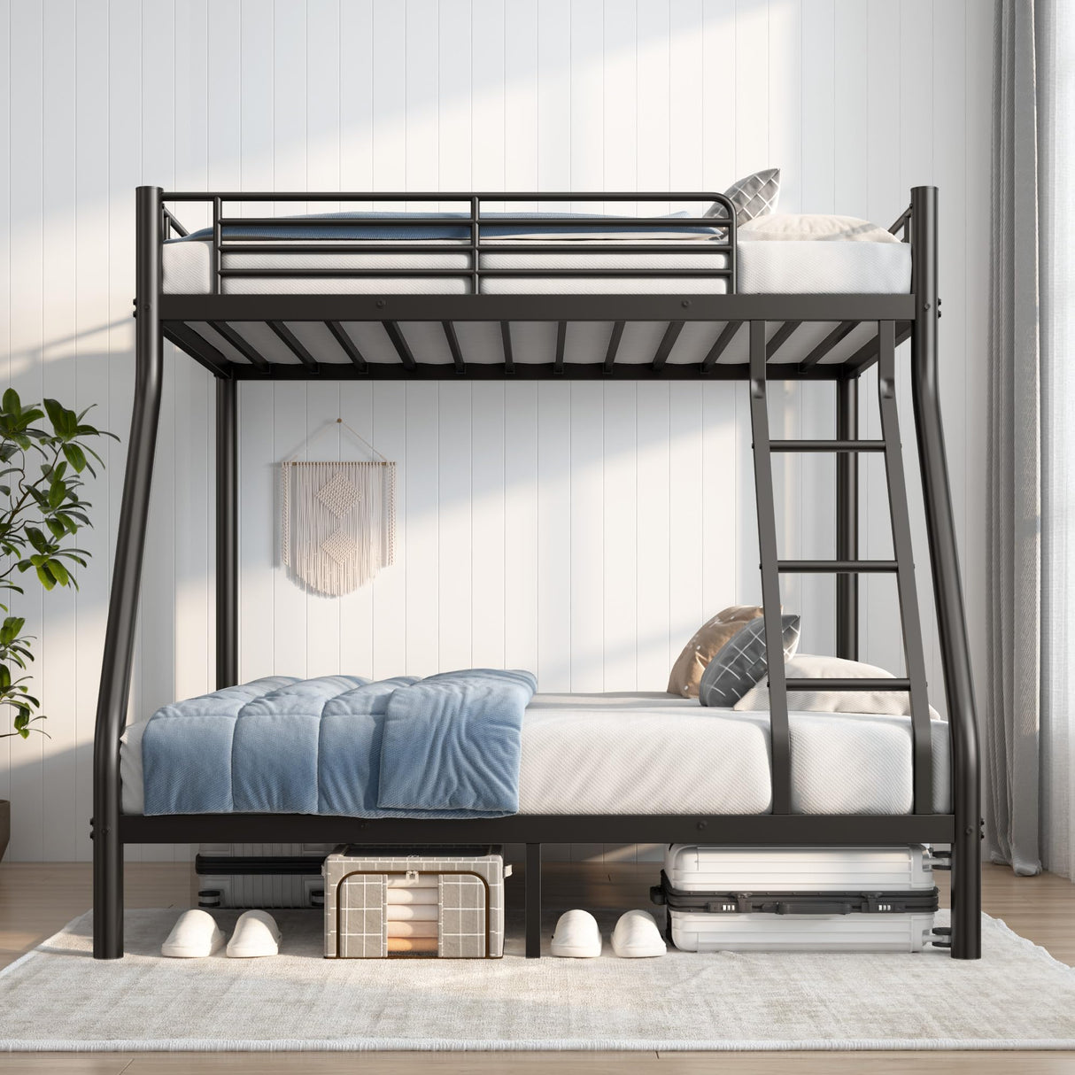 Twin Over Full Bunk Bed, Metal Bunk Beds Twin Over Full Size with Safety Ladder & Guardrail, Heavy Duty Bunkbed Frame for Adults Teens Dorm Bedroom Guest Room Apartment, Space-Saving (Black, Full) TBCOPTO
