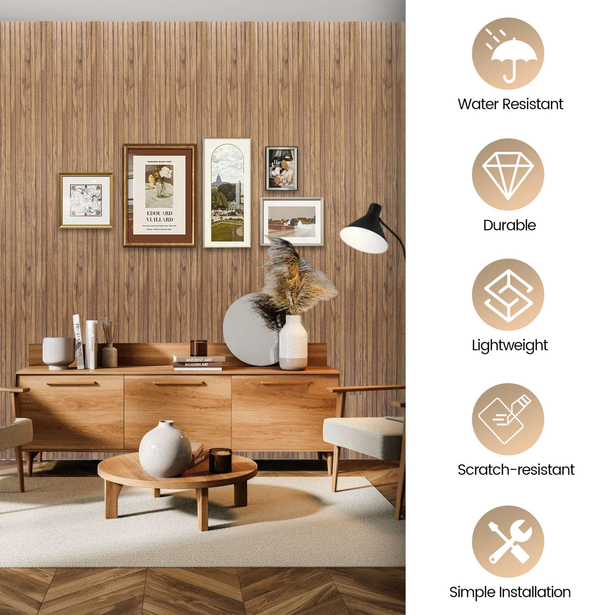 KASARO PS 3D Faux Wood Wall Panels, 16 Pieces Wainscoting Slat Panel for Interior Wall and Ceiling Decor, 47.2 x 4.8 inch Fluted Accents for Living Room, Bedroom, Natural KASARO