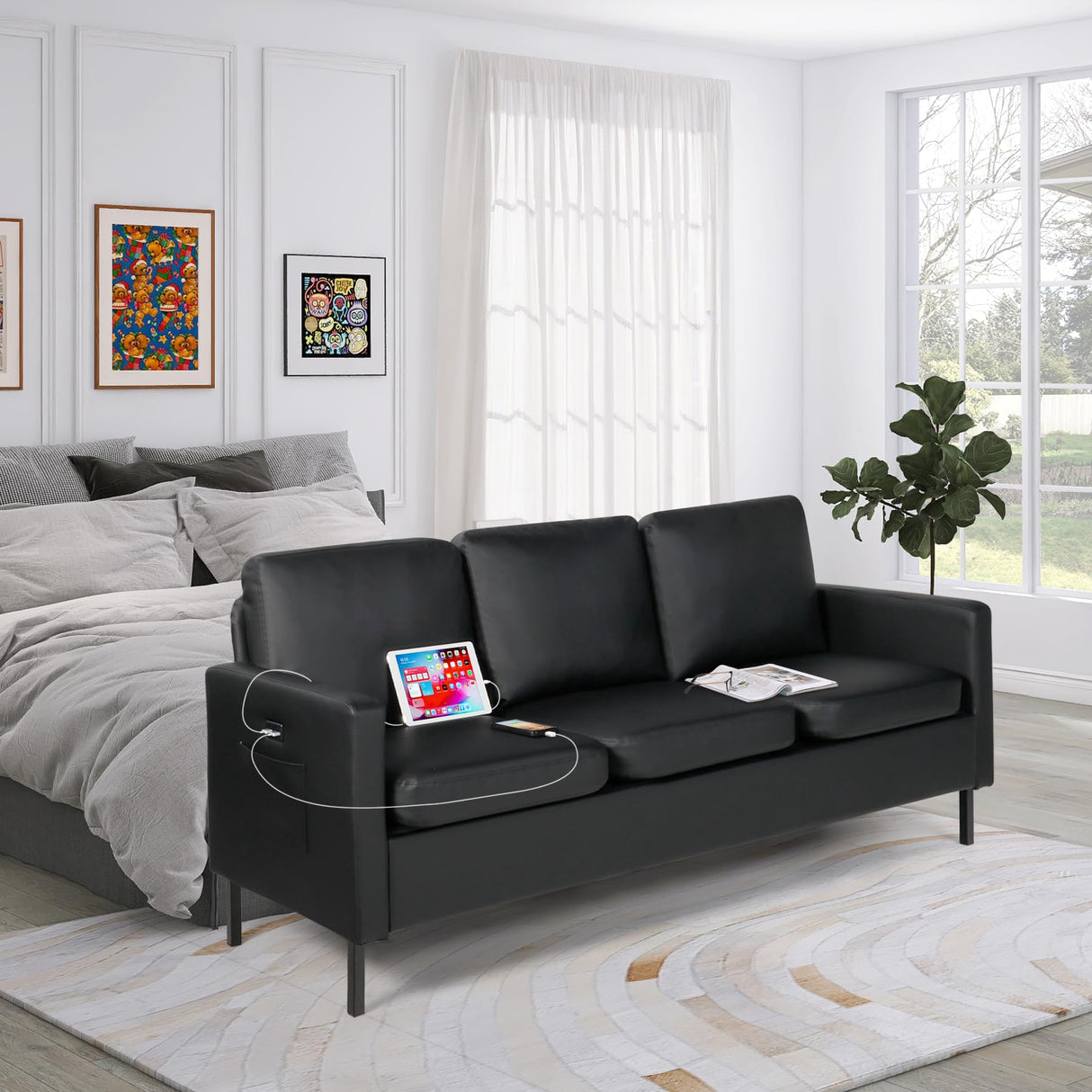 STHOUYN 72" W Faux Leather Black Sofa 3 Seat Couch, Modern Comfy Couch with 2 USB, Small Couches for Living Room Apartment Bedroom Small Spaces, Office Couch (Black (Sofa)) STHOUYN