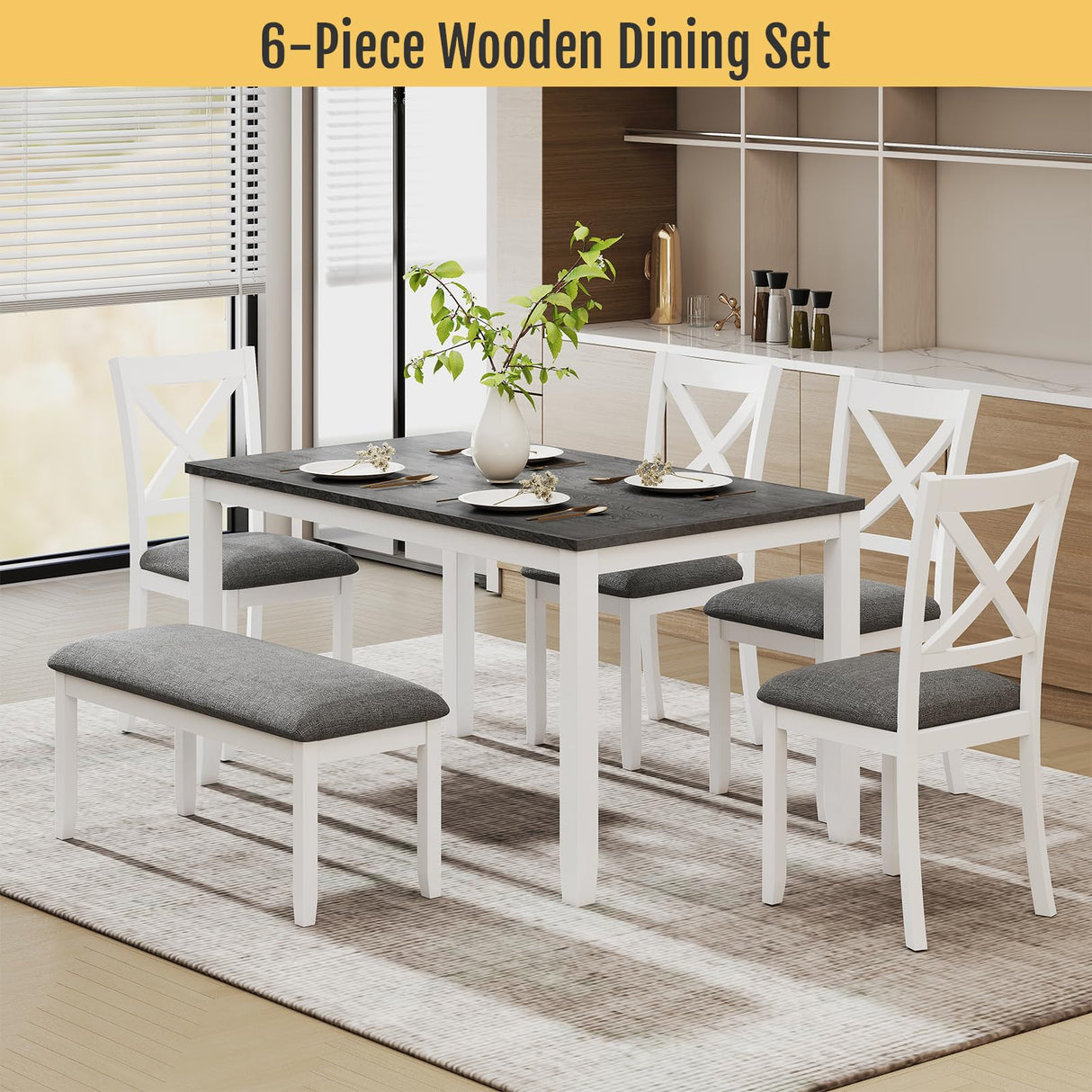 Zevemomo 6-Piece Solid Wood Dining Table Set, Including 1 Dining Table, 4 Upholstered Chairs and 1 Bench, Wooden Legs Dining Table Set for Dining Room, Kitchen, Restaurant, White Zevemomo