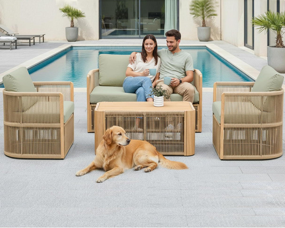 DAYARUS 4 Piece Patio Furniture Set, Aluminum Patio Conversation Set, Rope Rattan Patio Sectional Sofa, All Weather Outdoor Sofa Couch with Coffee Table and Cushions for Lawn/Backyard/Deck, Green DAYARUS