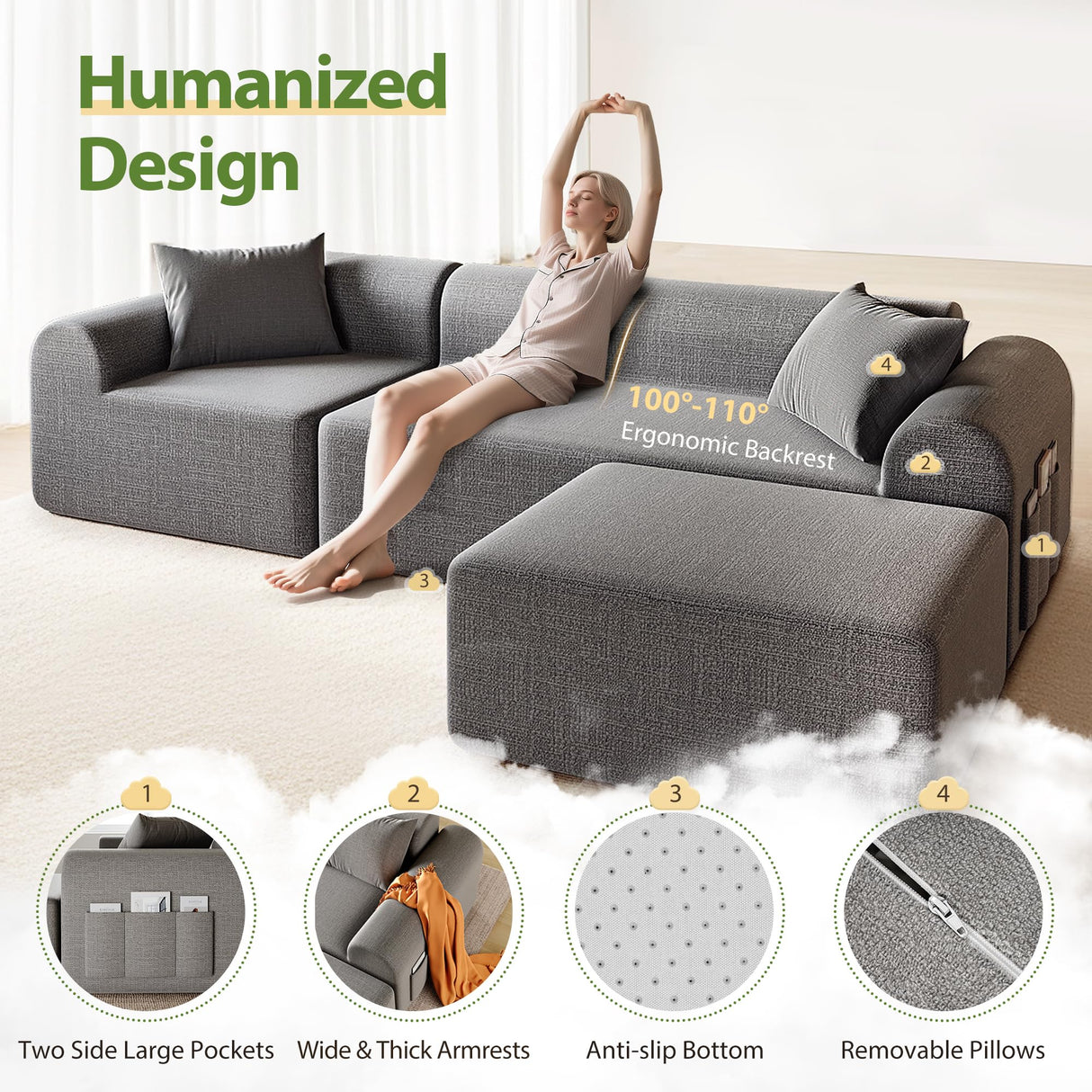 Decofy 105.5" Boneless Sofa for Living Room, Cloud Sectional Couch Ottoman & 4 Pillows, 4-Seater Comfy Compressed Sofa L Shaped Sectional Couch, No Assembly Required, 72h to Restore Decofy