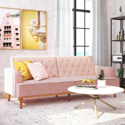 Mr. Kate Stella 80 Inch Futon Sofa Bed in Velvet Fabric, Modern Upholstered Couch Sleeper with Button Tufted Back and Wood Trim, Pink - WoodArtSupply