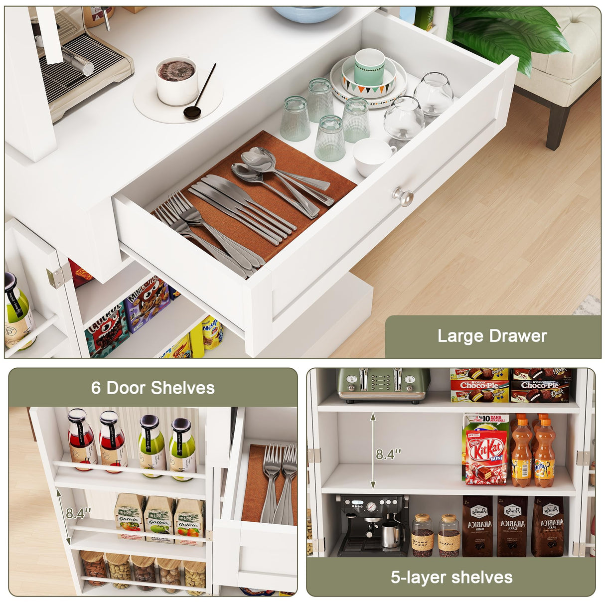 Kitchen Pantry Storage Cabinet with Drawers, 4 Doors and 3 Shelves, 70" Tall Narrow Coffee Bar Station w/Glass Hutch, Microwave Countertop, Food Organizers, Bathroom Cabinet for Small Space, White GlouMod