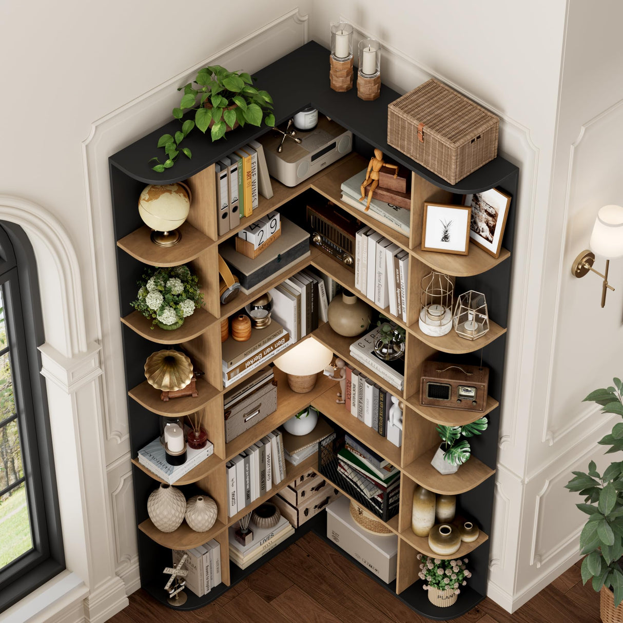 FOTOSOK 74” Tall Corner Bookshelf, 6-Tier Bookshelf and Bookcase with Open Storage, Tall Bookcases Wooden Storage Shelves for Home Office, Thickened Boards for Better Load Bearing, Black/Brown FOTOSOK