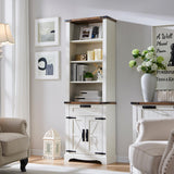 OKD 72'' Tall Bookshelf with Storage, Farmhouse 4 Tier Bookcase with Barn Door, Adjustable Shelves and Drawers, Rustic Wooden Office Bookshelves for Home Bedroom, Living Room, Library Antuique White OKD