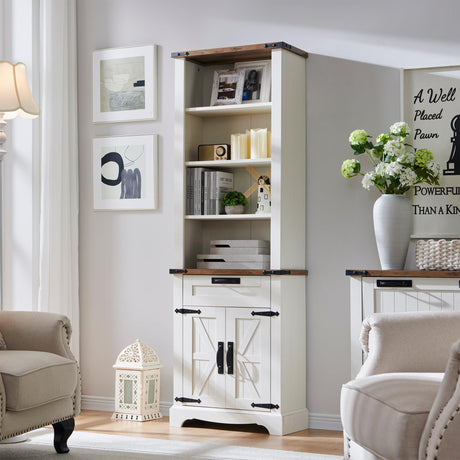 OKD 72'' Tall Bookshelf with Storage, Farmhouse 4 Tier Bookcase with Barn Door, Adjustable Shelves and Drawers, Rustic Wooden Office Bookshelves for Home Bedroom, Living Room, Library Antuique White OKD
