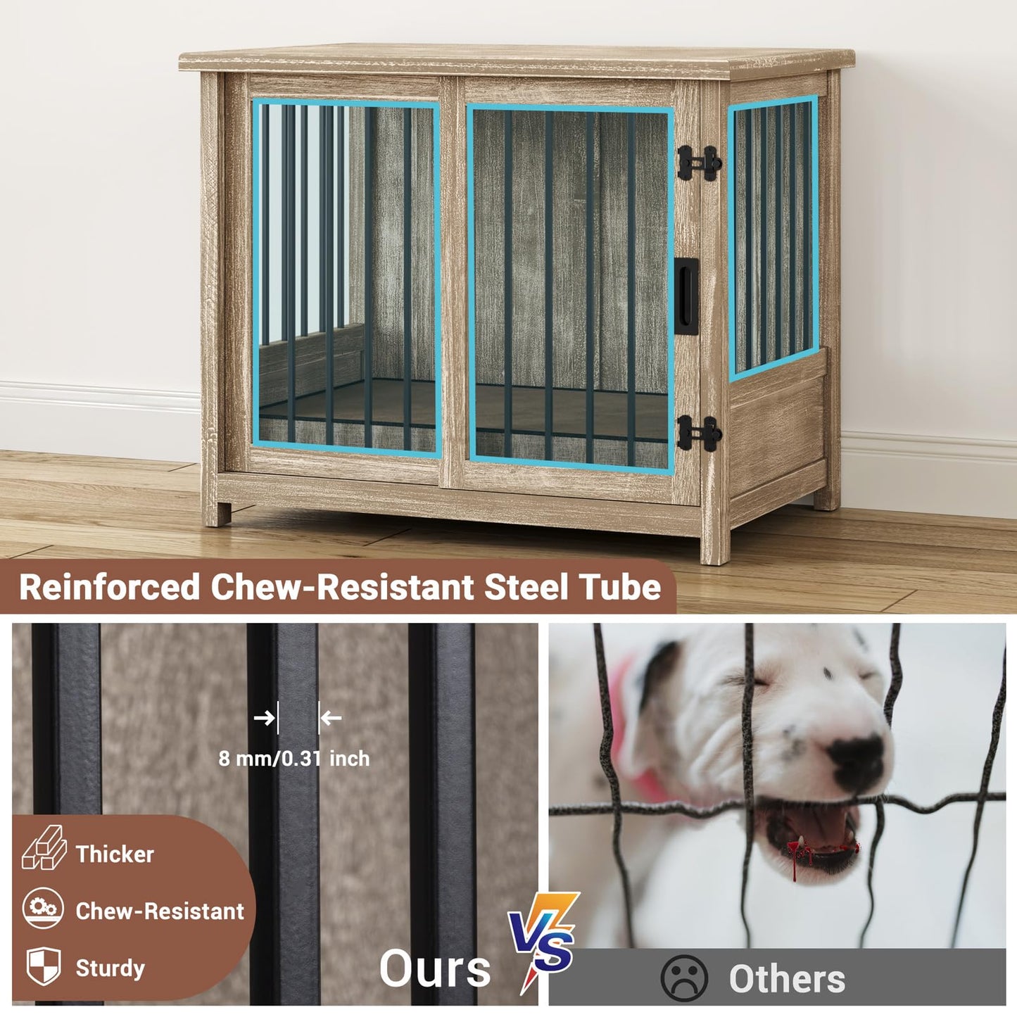 Meadaro 37.4" Dog Crate Furniture Solid Wood with Dog Cushion for Large Dogs, Heavy Duty Dog Kennel Indoor with Sliding Door Chew-Resistant Steel Tube Decorative Dog House Dog Cage Side End T - WoodArtSupply