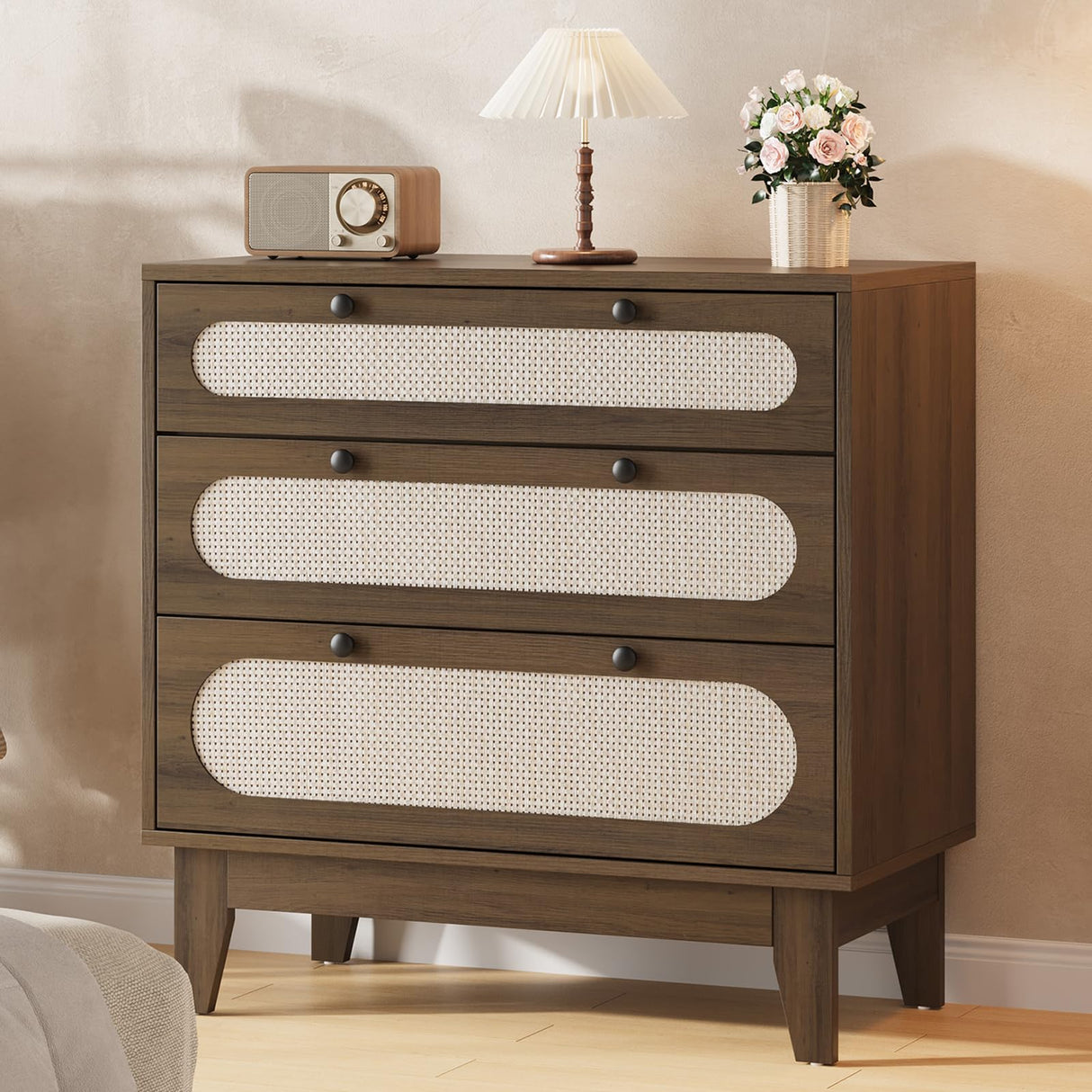 IDEALHOUSE 3 Drawer Wood Dresser for Bedroom, Rattan Nightstand Bedside Table for Living Room, Entryway, 31.5" L*15.7”W*31.2”H, Dark Brown IDEALHOUSE