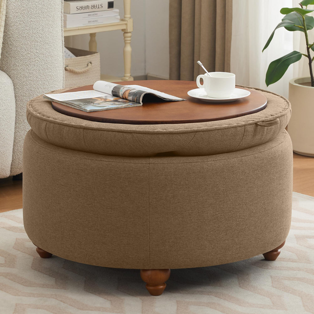 WUTUTUEE 30Inch Round Storage Ottoman with Tray, Modern Tufted Fabric Circle Coffee Table with Storage, Upholstered Ottoman with Removable Top for Living Room, Bedroom, Brown WUTUTUEE