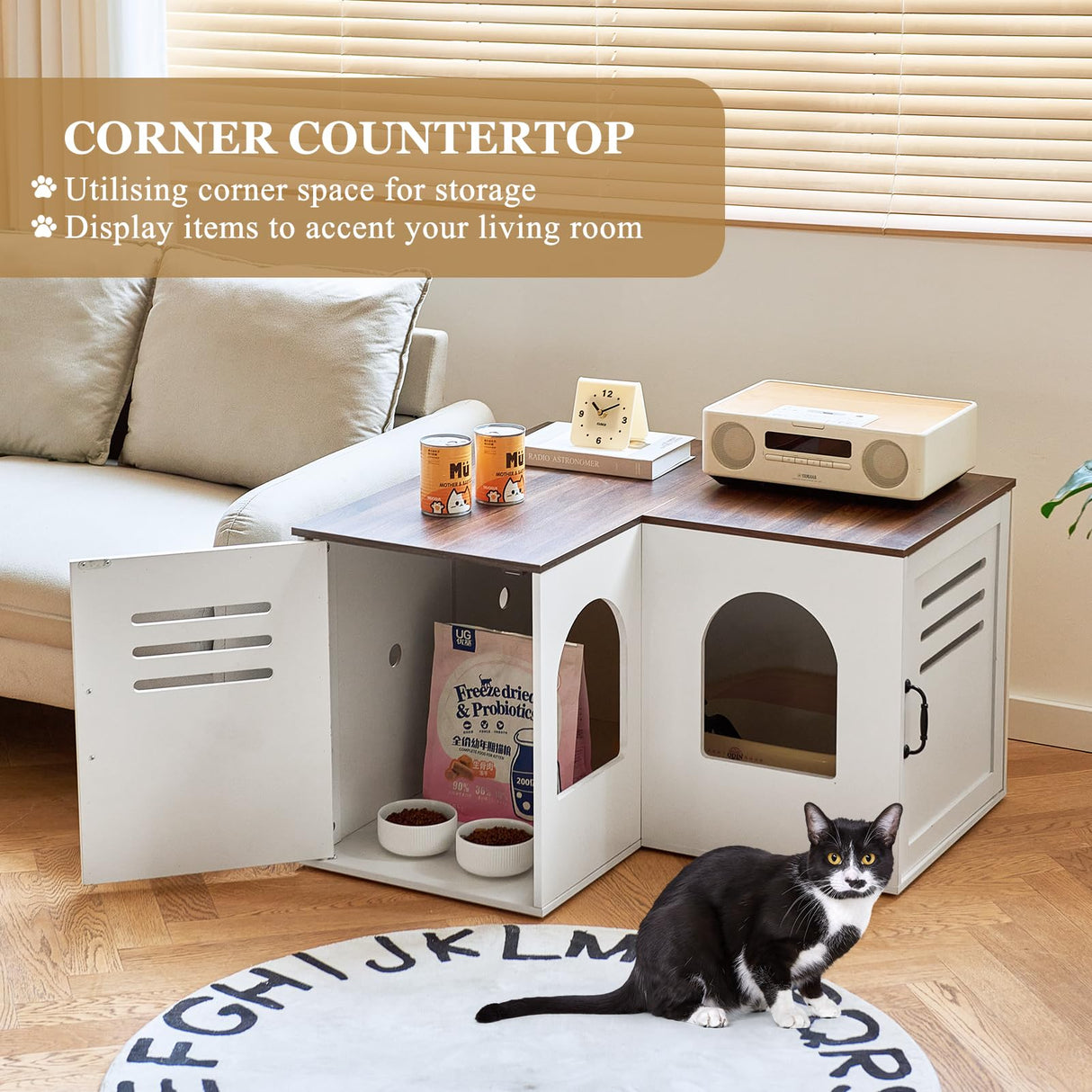 JanflyHome Corner Litter Box Enclosure for 2 Cats, Hidden Litter Box Furniture, Litter Box Cabinet with Double Room, Indoor Cat House End Table, 31.5 x 17.7 x 19.7 in, White JanflyHome
