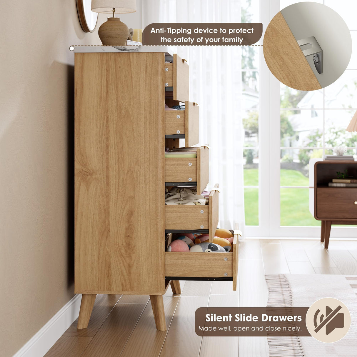 Garvee 5 Drawers Dresser for Bedroom, 47.2" Tall Dressers with Curved Profile Design, Fluted Wood Drawers with Gold Handle, Modern Chest of Dressers with Thickened Design for Living Room, Natural Garvee