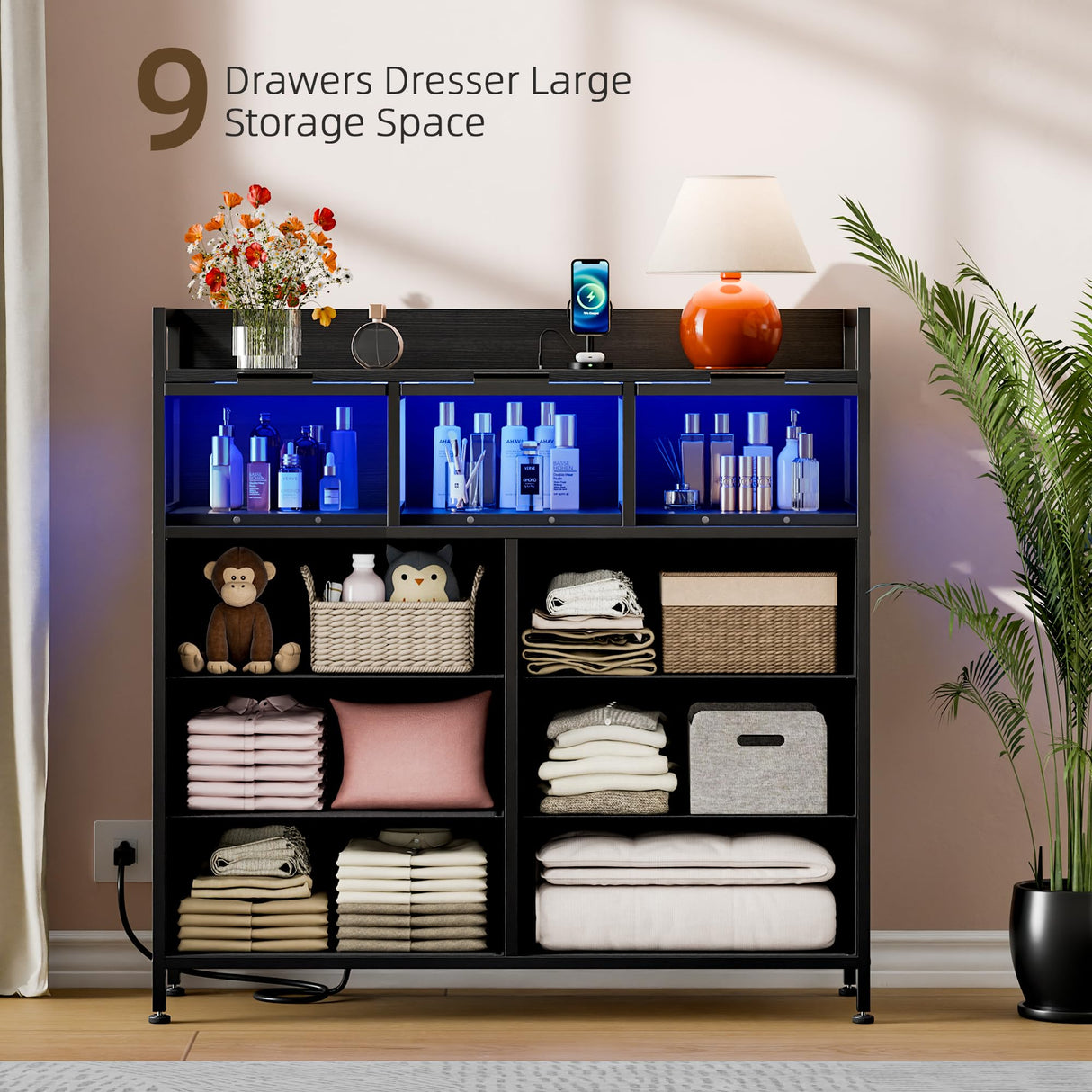 Lulive 9-Drawer Dresser & Chest of Drawers with LED Lights, Power Outlets & Acrylic Window - Modern Storage Organizer for Bedroom, Living Room, Closet (Black) Lulive