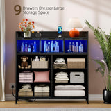 Lulive 9-Drawer Dresser & Chest of Drawers with LED Lights, Power Outlets & Acrylic Window - Modern Storage Organizer for Bedroom, Living Room, Closet (Black) Lulive