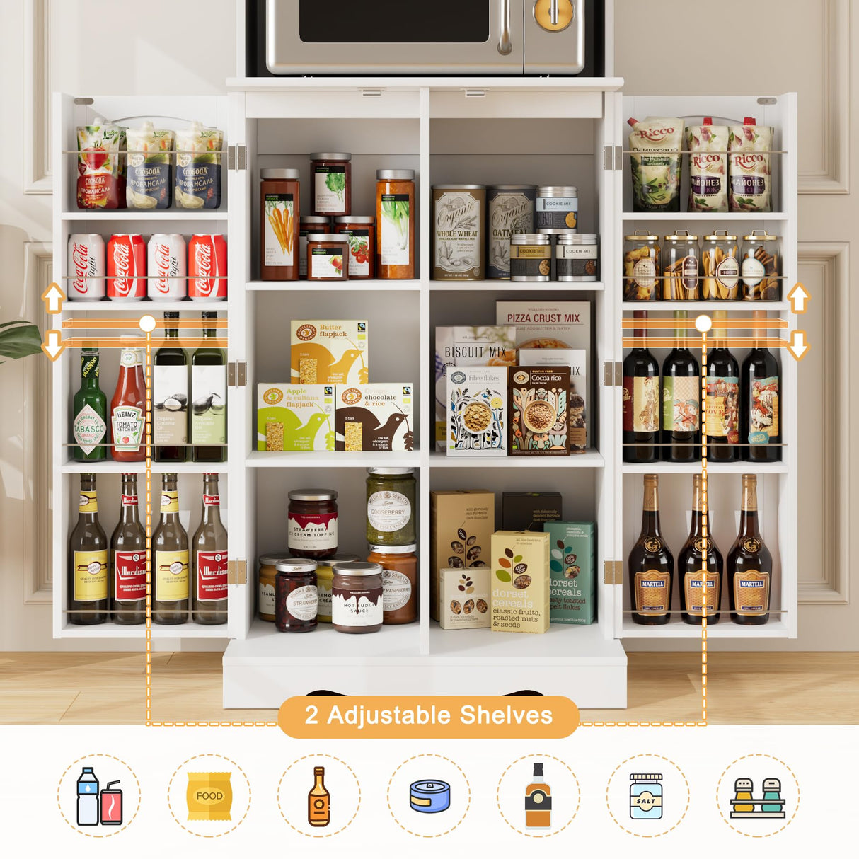 HOSTACK 71'' Pantry Cabinet, Tall Storage Cabinet with Microwave Stand, Freestanding Kitchen Hutch with Doors and Adjustable Shelves, Mordern Food HOSTACK