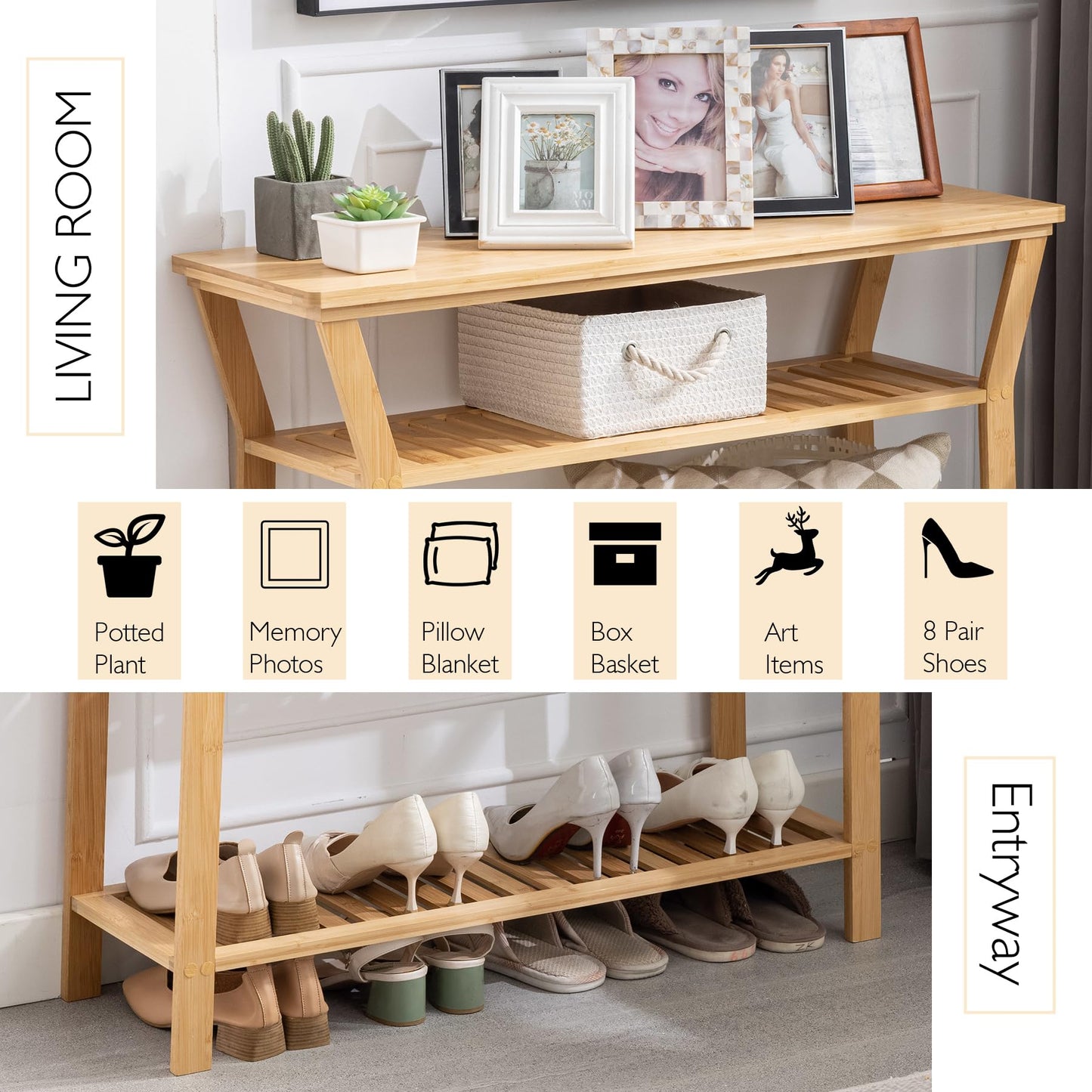 Nnewvante Bamboo Console Table Behind Couch, Entryway Table with Shelves, 3 Tier Narrow Sofa Table for Hallway, Living Room, Foyer 38.6"x11.8" - WoodArtSupply