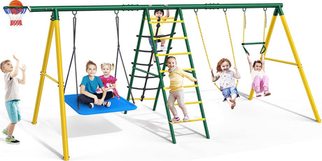 6-in-1 Swing Set for Backyard, Heavy Duty Metal Toddler Outdoor Swing Set Playset, Includes Basketball Hoop, 2 Swings, Trapeze Bar, Climbing Ladder and Nets Osoeri