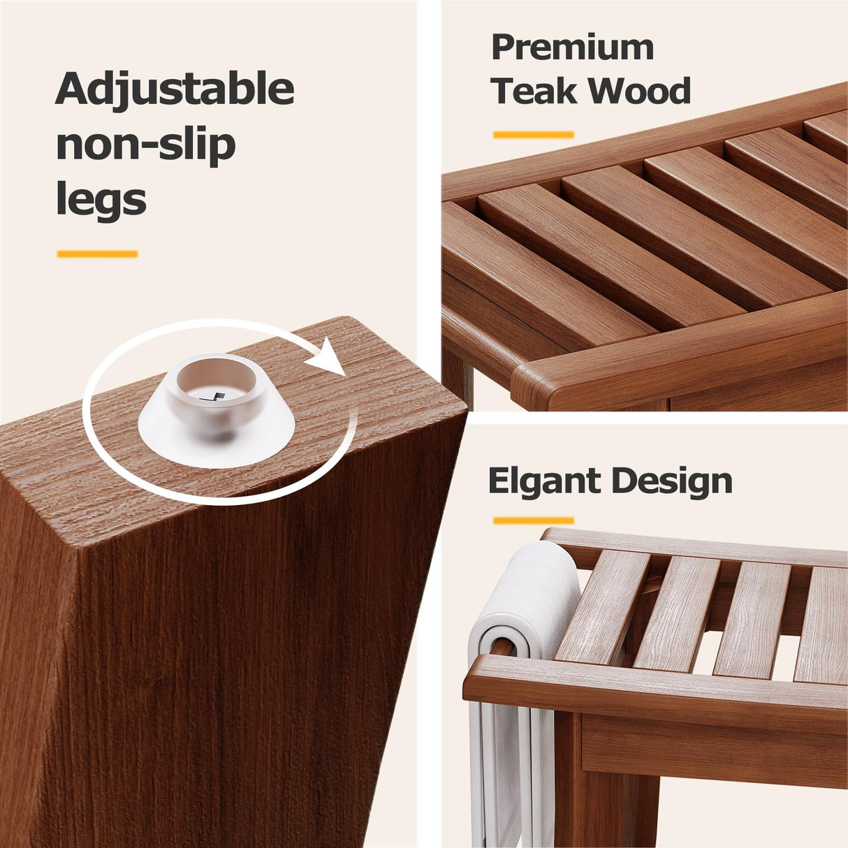 Teak Shower Bench, 24 Inch Teak Shower Stool 300lbs Wood Shower Chair Seat with Storage Shelf Towel Rack for Bathroom Indoor and Outdoor Use Homman