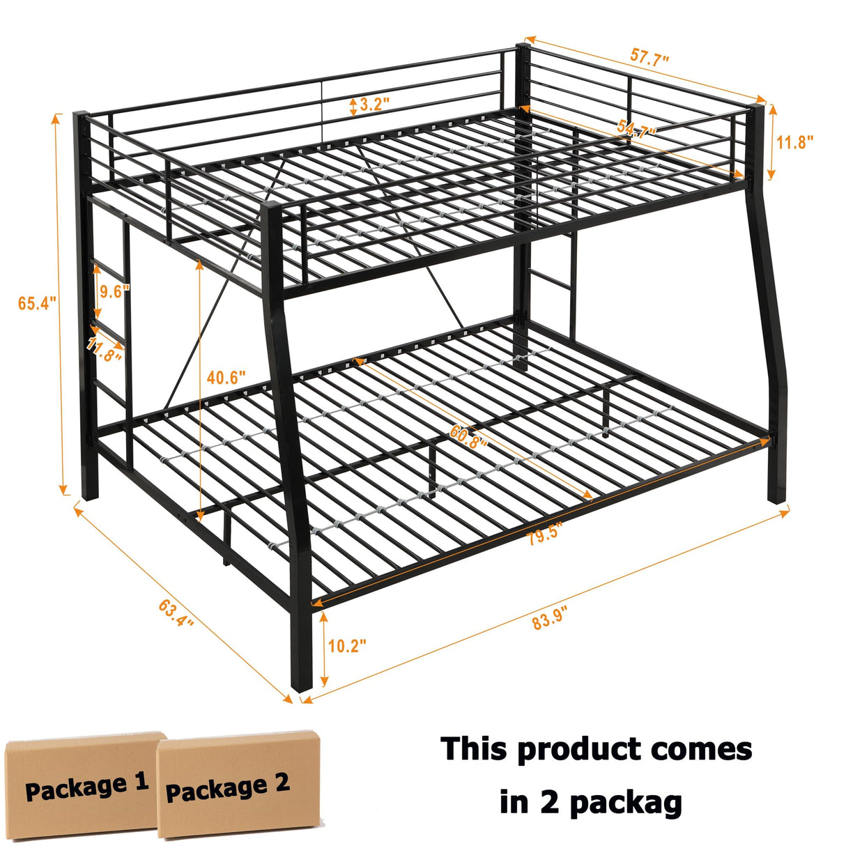 ZMIZAKOY Metal Full XL Over Queen Bunk Bed for Adults, Heavy Duty Bunk Bed Full Over Queen with 2 Ladders & Safety Guardrail for Kids and Adults, Easy Assemble Queen Size Bunk Beds (Black) ZMIZAKOY