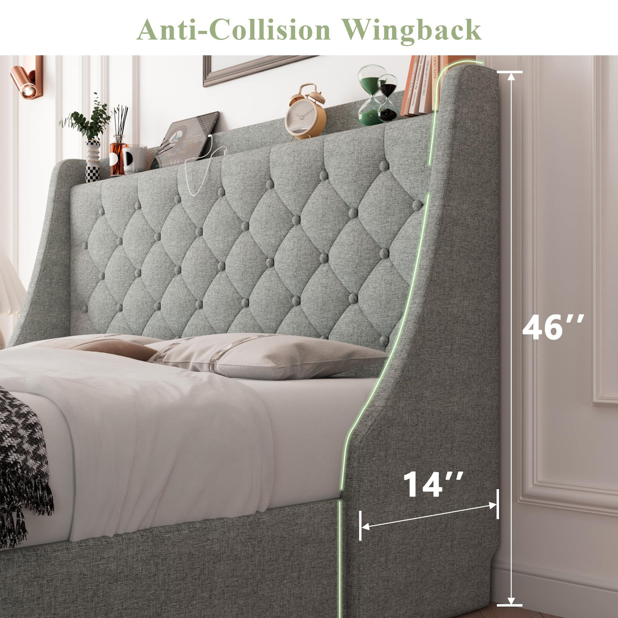 Feonase Queen Size Bed Frame with 4 Storage Drawers, Upholstered Storage Bed with Charging Station, Tufted Wingback Storage Headboard, No Box Spring Needed, Light Grey, FEO737 Feonase