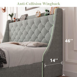 Feonase Queen Size Bed Frame with 4 Storage Drawers, Upholstered Storage Bed with Charging Station, Tufted Wingback Storage Headboard, No Box Spring Needed, Light Grey, FEO737 Feonase