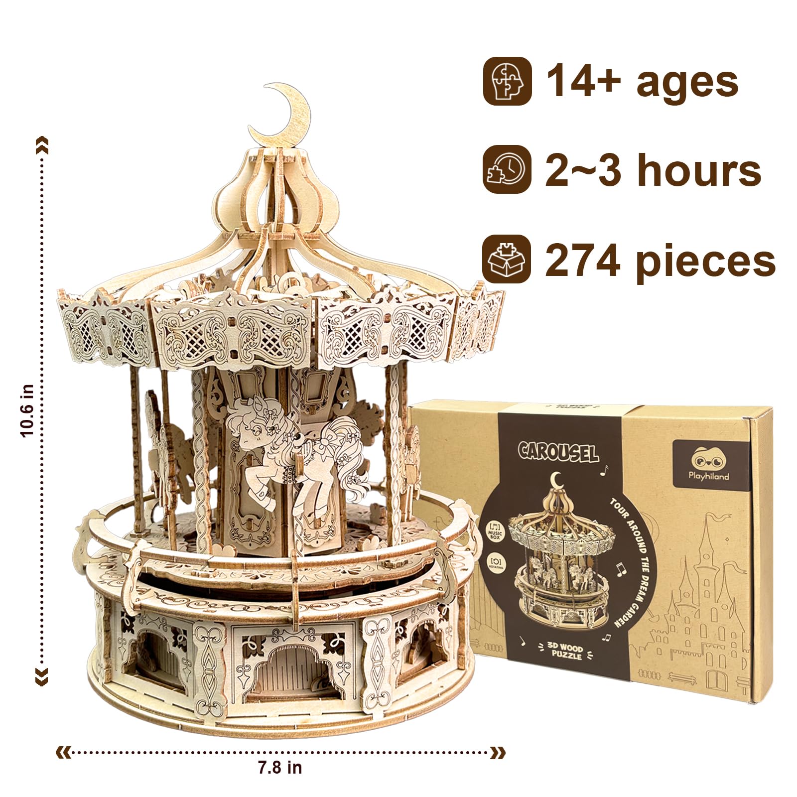 Playhiland 3D Wooden Puzzles for Adults - DIY Wooden Music Box, Merry-go-Round Model Kit - 274 Pieces Wooden Jigsaw - Brain Teaser - Birthday Gift for Boys and Girls/Adults - WoodArtSupply