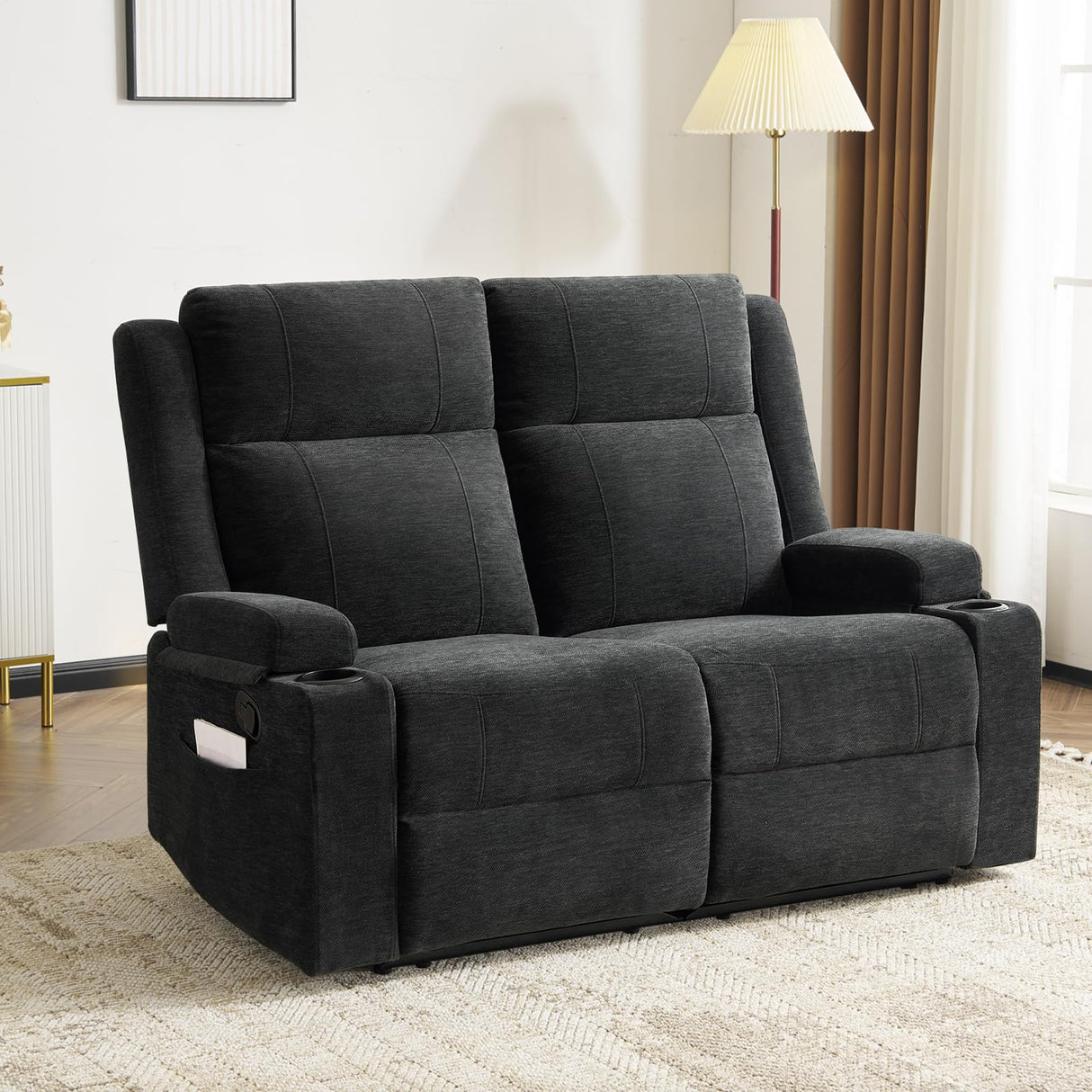 RIHEREFY Loveseat Recliner Sofa, Double Recliner Loveseat with Adjustable Footrest & Cup Holder, Wall Hugger Sofa for Living Room & Home Theater & RV(Black) RIHEREFY