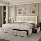 Keyluv Queen Upholstered LED Bed Frame with 4 Drawers, Velvet Platform Storage Bed with Adjustable Button Tufted Headboard and Solid Wooden Slats Support, No Box Spring Needed, Beige Keyluv