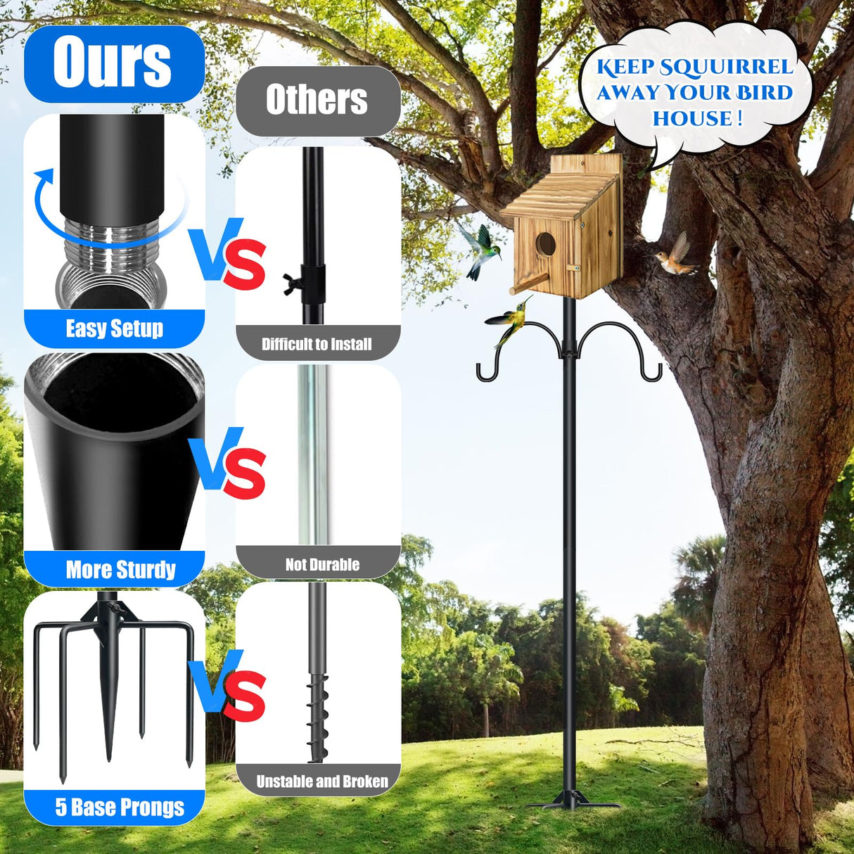 Upgrade 92In Smart Bird Feeder Pole, Outdoor Bird House Poles Mount Kit for Smart Bird Feeder & Wooden Bird House, Adjustable Heavy Duty Birdhouse Pole Stand Set with 5-Prong Base and Shepherd Hook QwayHome