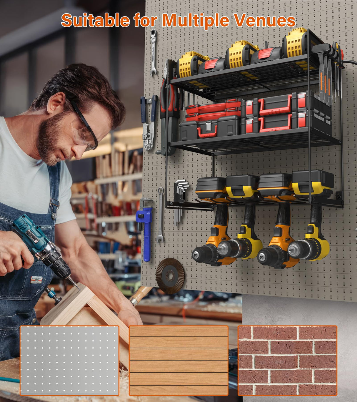 JUNNUJ Power Tool Organizer with 10 Outlet Power Strip, 3 Layer Wall Mount Drill Holder with Charging Station, 4 Drills Storage Shelf Shop Garage Utility Rack, Black JUNNUJ