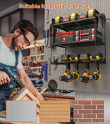 JUNNUJ Power Tool Organizer with 10 Outlet Power Strip, 3 Layer Wall Mount Drill Holder with Charging Station, 4 Drills Storage Shelf Shop Garage Utility Rack, Black JUNNUJ