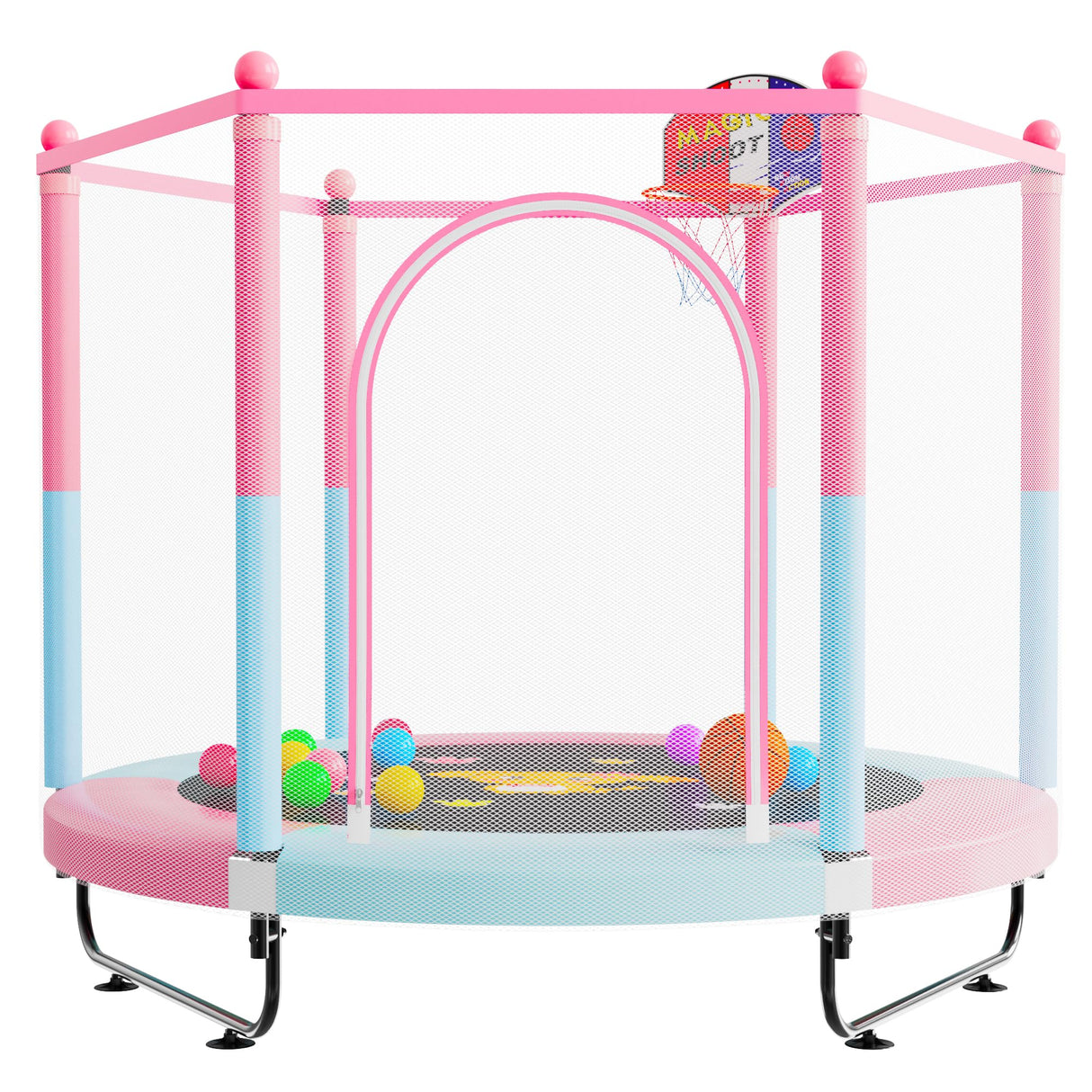 60" Trampoline for Kids, 5 FT Toddler Baby Trampoline with Safety Enclosure Net, Indoor or Outdoor Pink/Blue Small Trampolines with Basketball Hoop, Birthday Gifts for Kids, Gifts for Girl Age 3-8 VGMiu