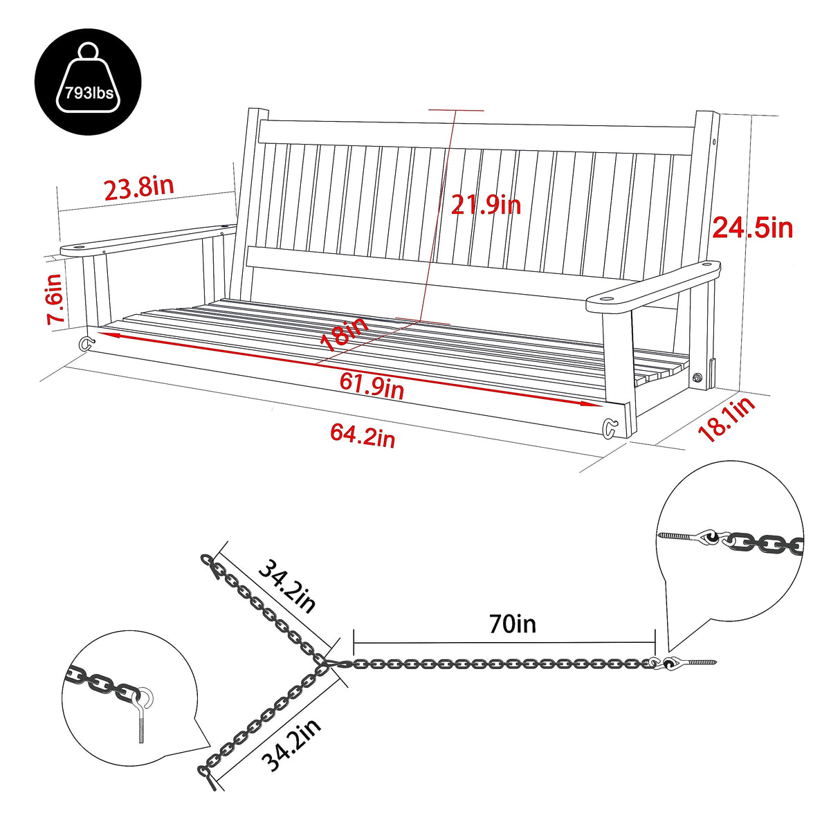 MUPATER Outdoor Patio Hanging Wooden Porch Swing 5FT with Chains, 3-Person Heavy Duty Swing Bench for Garden and Backyard, Wood Brown MUPATER