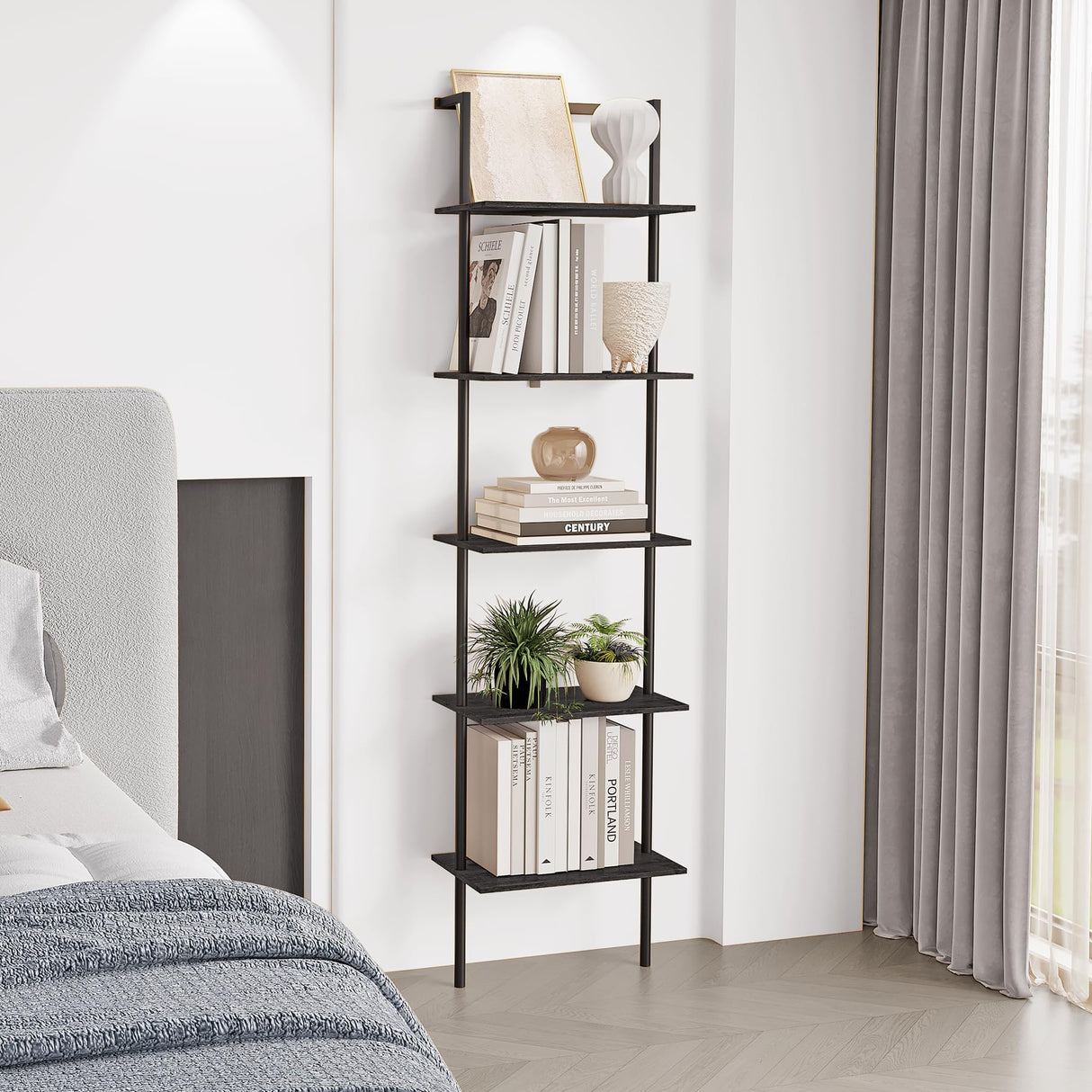 POBOMULI 5-Tier Ladder Shelf, Wall Mounted Ladder Bookshelf with Metal Frame, Wood Tall Open Storage Rack and Display Shelves for Home Office Bedroom Living Room, Black POBOMULI