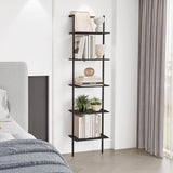 POBOMULI 5-Tier Ladder Shelf, Wall Mounted Ladder Bookshelf with Metal Frame, Wood Tall Open Storage Rack and Display Shelves for Home Office Bedroom Living Room, Black POBOMULI
