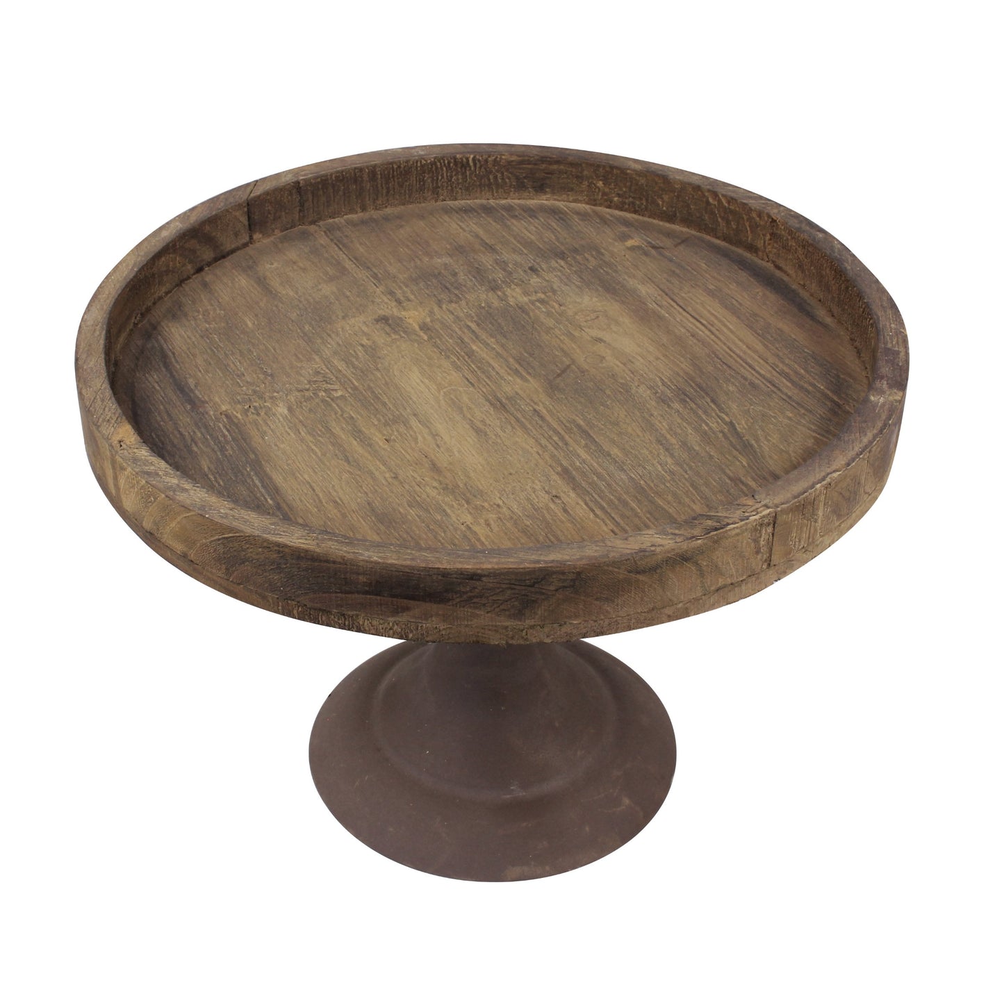 Stonebriar Rustic Worn Natural Wood and Metal Pedestal Tray, Decorative Pillar Candle Holder, For Centerpieces, Mantel Decoration, or Any Table Top, Large