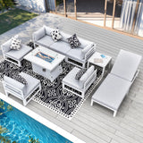 RADIATA 9 Pieces Aluminum Patio Furniture Set with Fire Pit Table, Morden Outdoor Sectional Sofa, Large Conversation Seat with Thick Cushion for Garden Backyard Deck Porch (White) RADIATA