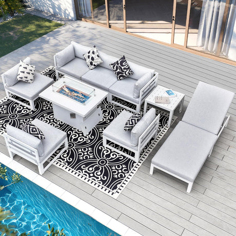 RADIATA 9 Pieces Aluminum Patio Furniture Set with Fire Pit Table, Morden Outdoor Sectional Sofa, Large Conversation Seat with Thick Cushion for Garden Backyard Deck Porch (White) RADIATA