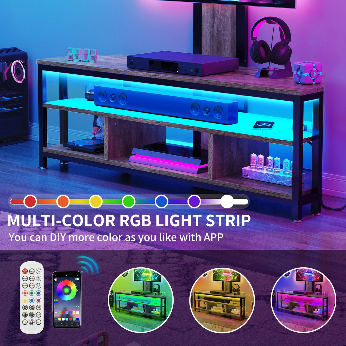 YITAHOME Black TV Stand with Mount, Modern TV Stand for 70/65 inch TV LED Entertainment Center with Adjustable Mount & Power Outlet, TV Console Cabinet, Black YITAHOME