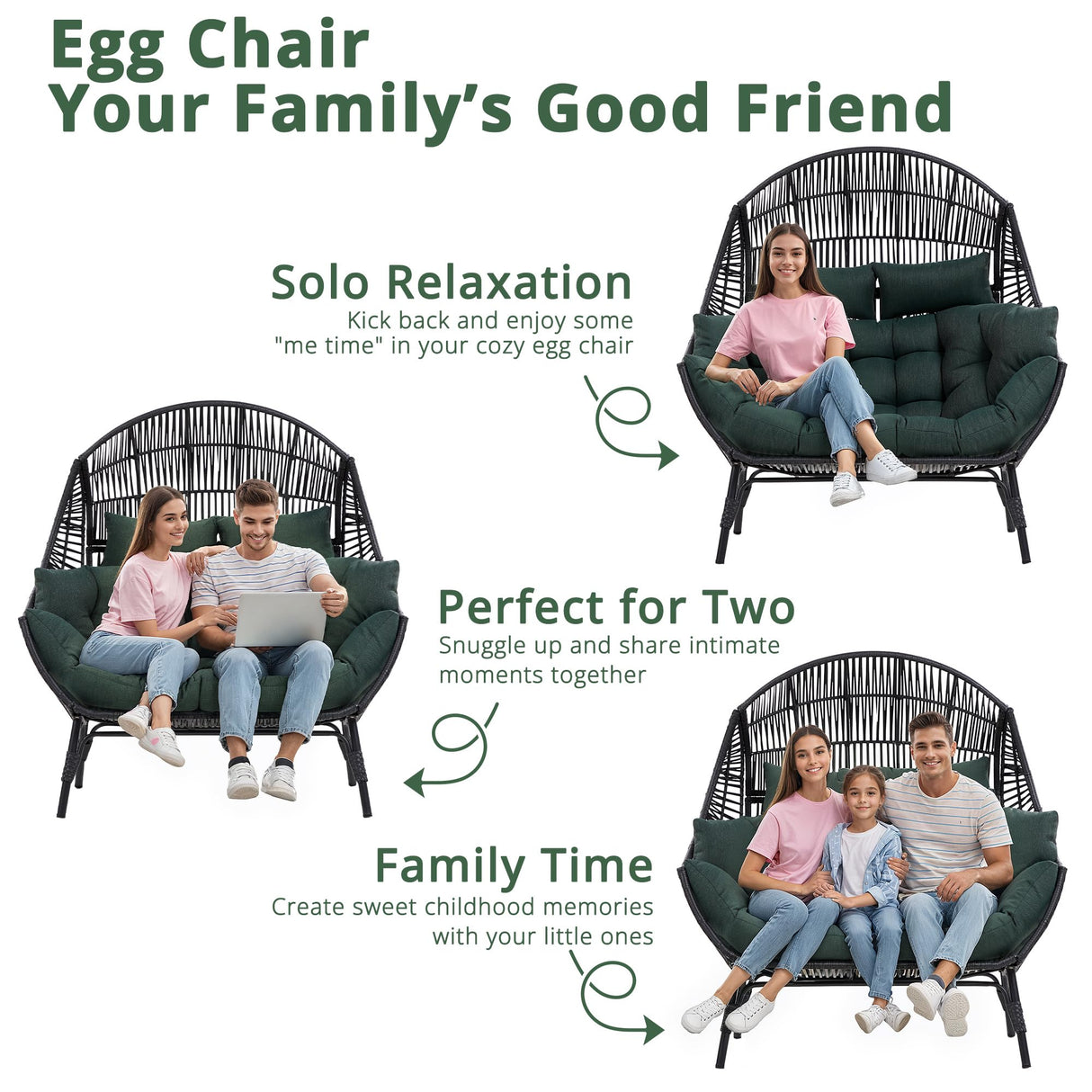 IRONCK Double Egg Chair Outdoor, 2 Person Wicker Lounge Chair, Oversized Thickened Padded Cushions and Headrests, 680 Lbs Egg Loveseat for Indoor, Patio, Living Room, Porch, Balcony, Dark Green IRONCK