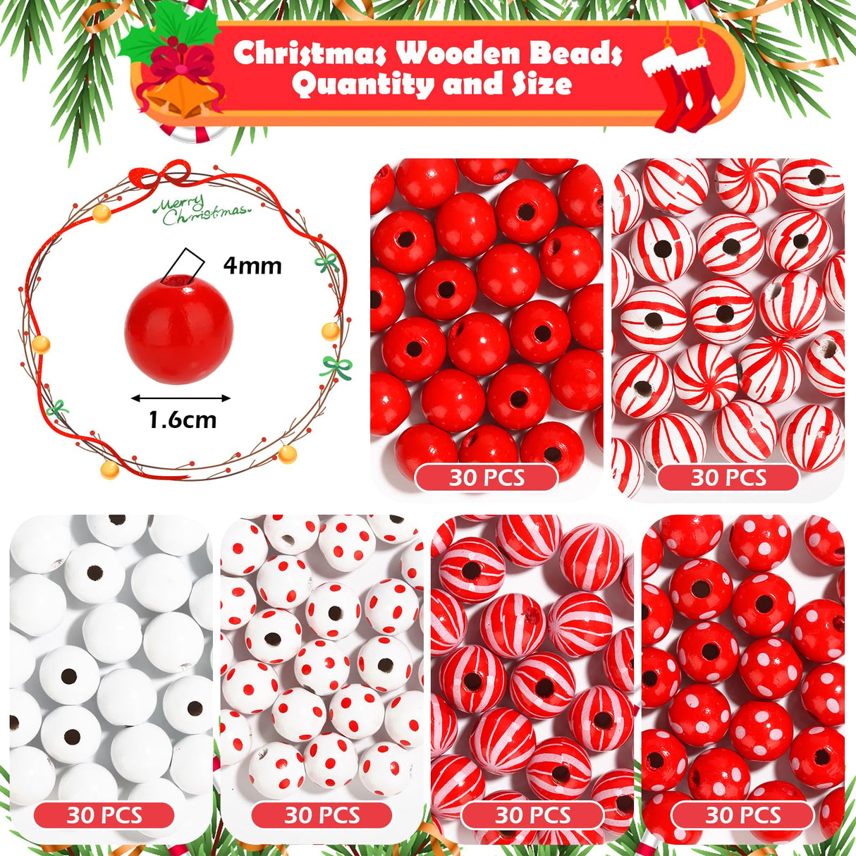 180 Pcs Candy Cane Wood Beads 16mm Christmas Wooden Beads Colorful Round Craft Beads with Holes, Christmas Dotted Striped Farmhouse Spacer Wood Beads for Christmas Party Holiday DIY Garland Jewelry Lucomb