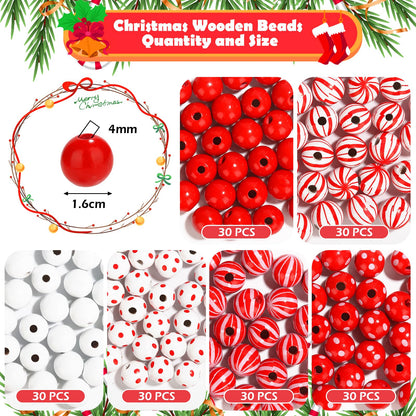 180 Pcs Candy Cane Wood Beads 16mm Christmas Wooden Beads Colorful Round Craft Beads with Holes, Christmas Dotted Striped Farmhouse Spacer Wood Beads for Christmas Party Holiday DIY Garland Jewelry