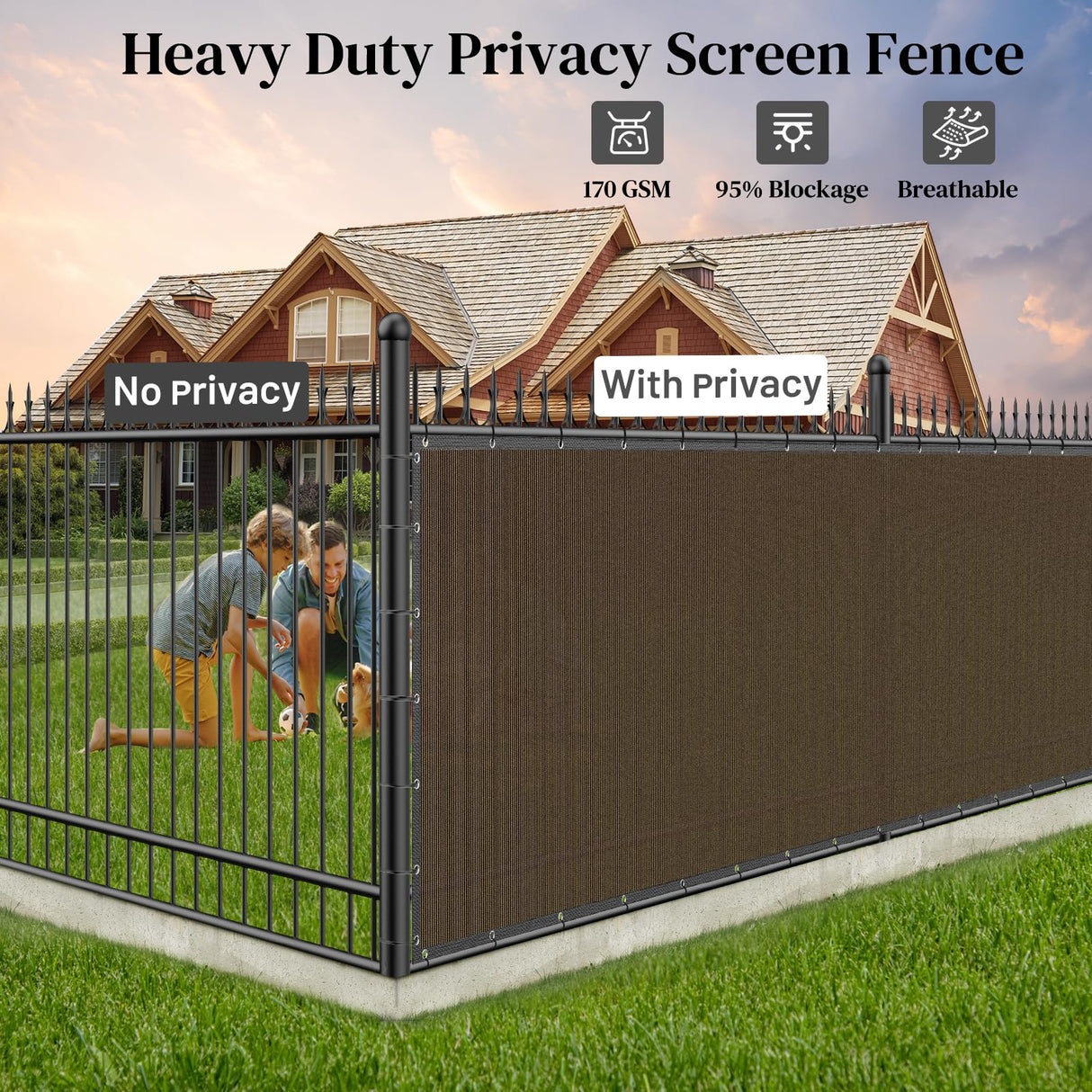 Winpull 6FT x 50FT Privacy Screen Fence Heavy Duty 170GSM Fencing Mesh Shade Net Cover Nickel-Plated Copper Grommets, 95% Blockage Fence for Outdoor Wall Garden Yard Backyard Pool (Brown) Winpull