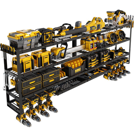 STURDIFLOW XLarge 64''W Power Tool Organizer Wall Mount | Modular&Corner-Fit 820lbs Garage Storage Rack with 8 Cordless Drill Holder | 4-Tier Heavy Duty Utility Shelf for Battery Workshop Organization STURDIFLOW