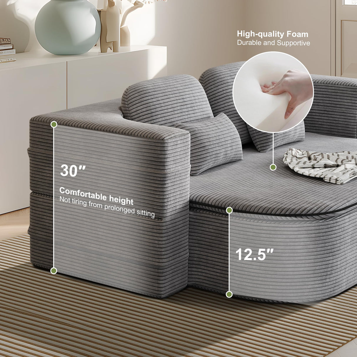 IZLKQC 75'' Convertible Folding Sofa Bed, Memory Foam Couch, Foldable Full Size Love Seat Sleeper Bed, 2-in-1 Foldable Curved Sleeper Sofa with 4 Pillows and Blanket for Living Room (Corduroy, Gray) IZLKQC