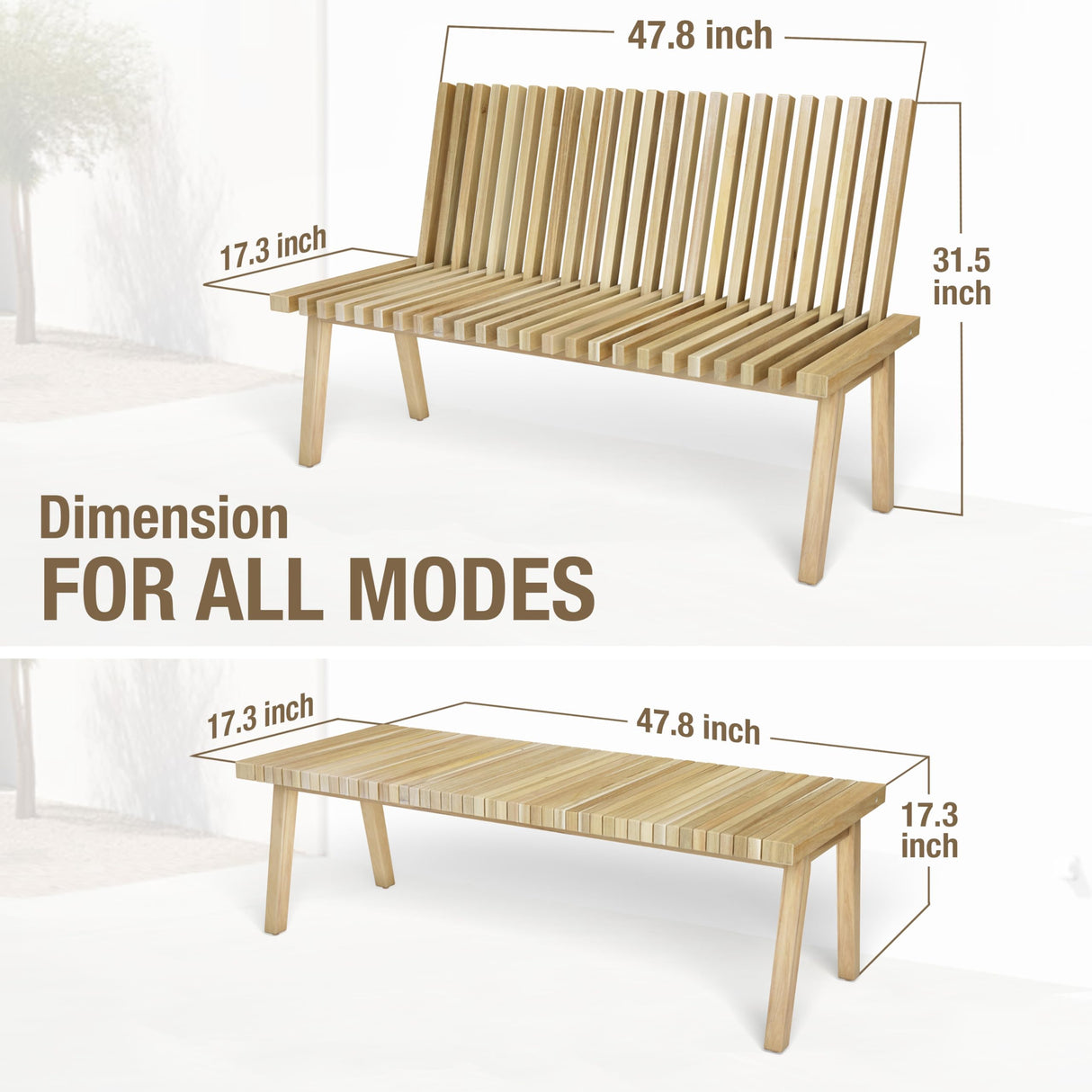 Melino Wooden Convertible Bench Picnic Table, Outdoor Bench Wood, FSC Certified Acacia, 500Lbs Weight Capacity, Park Bench for Outdoors, Porch, Balcony - Large Size Melino