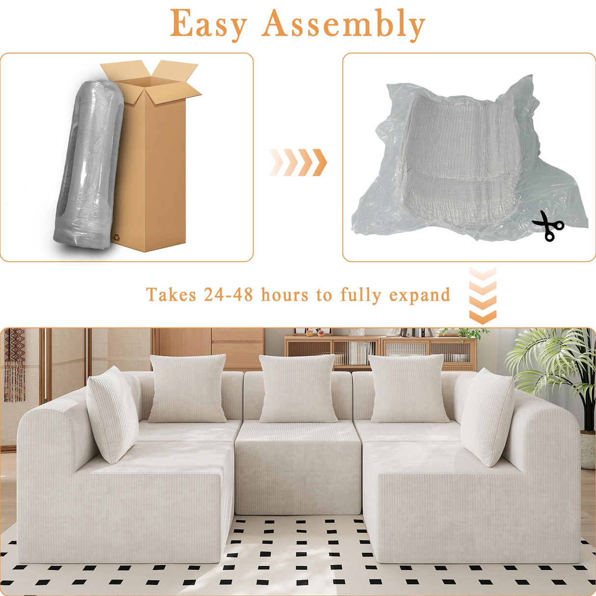 wanan 146'' Modular Sectional Couches for Living Room with Deep Seat, L-Shape Cloud Sofa Couch, High Density Memory Foam, Boneless Upholstered Couches, Easy Assembly (Warm White, 5 Seats) wanan