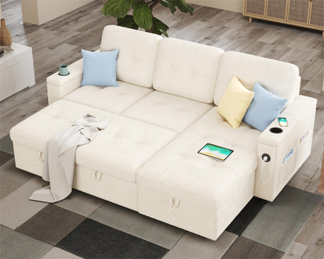 PaPaJet 84 Inch Pull Out Couch, Sleeper Sofa with Storage Chaise, Tufted L Shape Convertible Couch with 2 USB & Cup Holders, Boucle White PaPaJet