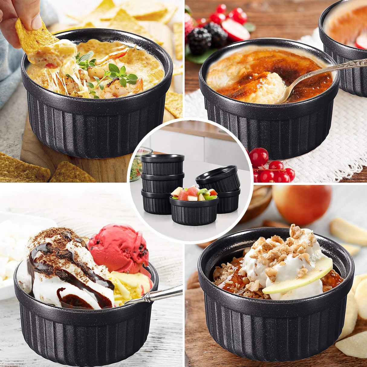 Yachi Ceramic Ramekins 4oz set of 6,Porcelain Ramekins Oven Safe,Stoneware Souffle,Baking Souffles,Creme Brulées,Custards, Puddings,Dishwasher Oven Safe,Black Ramekins Yachi